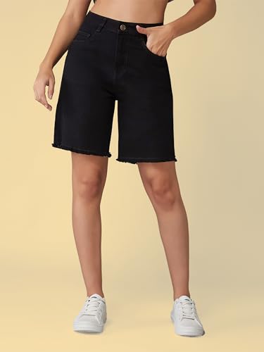 Miss Chase Women's Regular High Rise Above Knee Stretchable Denim Shorts (MCAW25DEN62-73-974-28, BlackBerry Black, 28)
