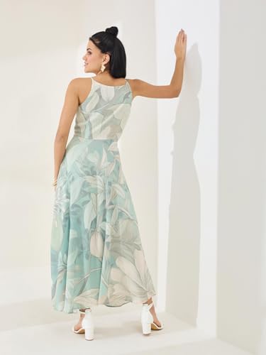 Latin Quarters Women's Green Printed Strappy V-Neck Casual Fit & Flared Dress_S