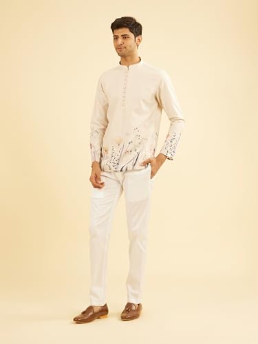 Manyavar Men's Cotton Blend Pastel Floral Prints Short Kurta (Beige,XL)