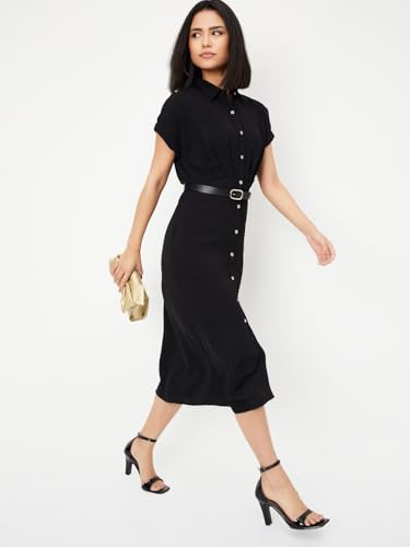 Max Women's Cotton Blend A-Line Midi Dress (SR3601_Black