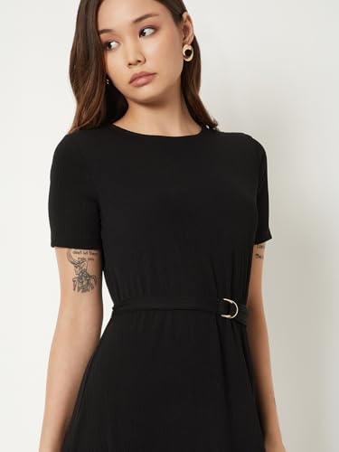 Max Women Textured A-line Belted Dress (Black_XL)