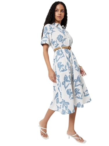 Max Women Printed Shirt Dress with Belt (White_S)