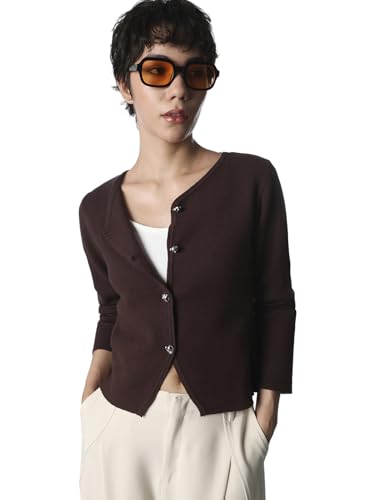 ONLY Women's Solid Regular Fit Dark Brown Sweater