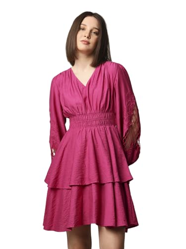ONLY Women Self Design Casual Pink Fit and Flare Dress