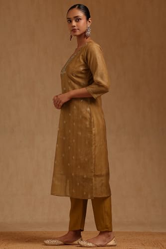 Soch Womens Gold Chanderi Floral Kurta Set With Cutdana