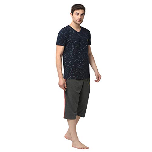 Mack JONNEY Cotton Blend Night Suit Co-ord Set for Men with V-Neck Half Sleeve T-Shirt and Capri-V_P1NVY_C2_ANT_02-XXL