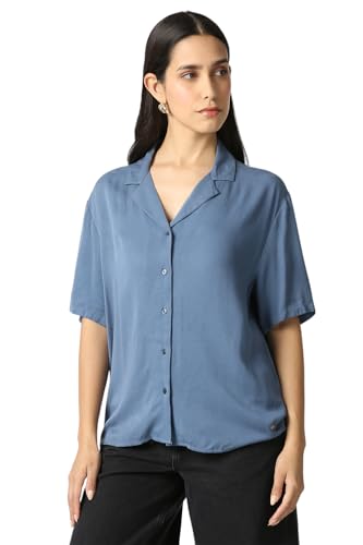 Women Light Blue Solid Short Sleeves Casual Shirt