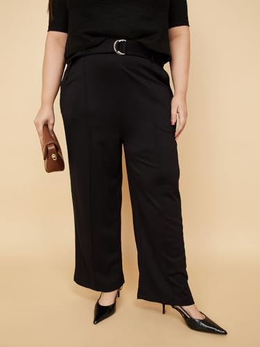 Max Women Knit Wide Leg Belted Trousers (Black_6XL)