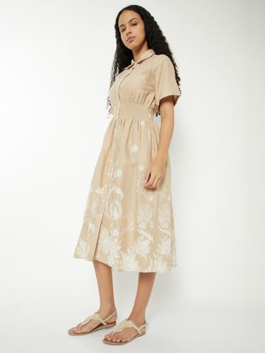 Max Women Printed A-line Shirt Dress (Beige_S)