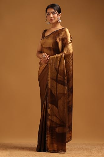 Soch Womens Brown Organza Botanical Saree With Stone Work