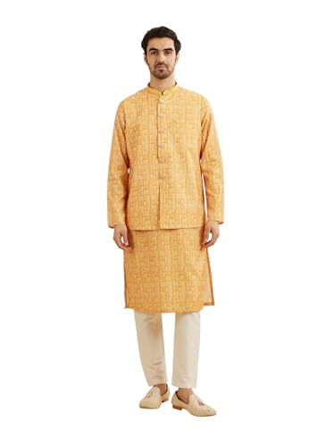 Manyavar Men's Art Silk Printed | Thread Work Kurta Jacket Set (Mustard,L)