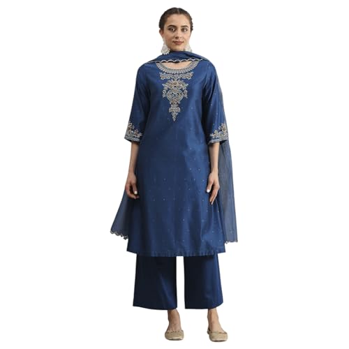 Biba Women's Blue Chanderi Straight Dyed Suit Set