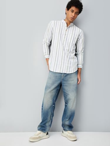 Max Men's Full Sleeves Mandarin Collar Striped Cotton Short Kurta White