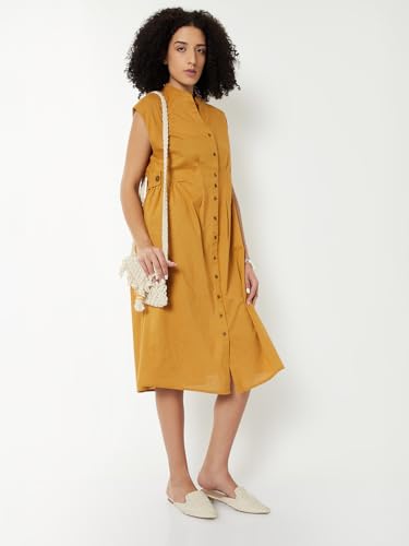 Max Kalki x Max Women Solid Midi Dress(Yellow_XL)