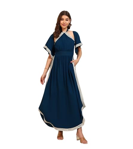 DEEBACO Women's Solid Rayon Slit Ankle Length A-Line Dress|Sleeveless|Halter Neck|Casual Trending Fashion Long One Piece Dresses Women Western(DBDR00002287_M_Teal Blue)