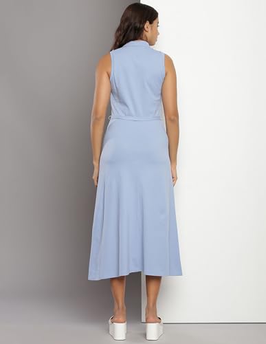 Tommy Hilfiger Blue Cotton Solid Shirt Collar Sleeveless Flaired Fit Women Dress (F23HWDR015) Size-XXL