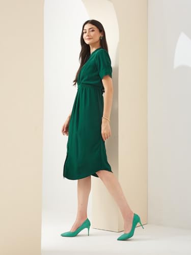Latin Quarters Women Green Mandarin Half Sleeves A-Line Solid Casual Dress_XXL