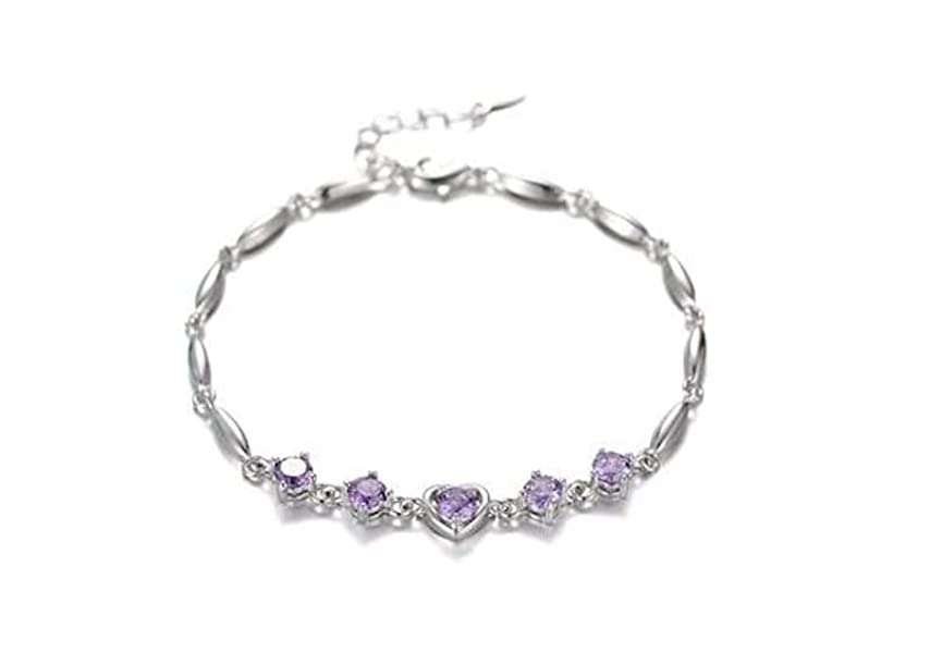 Nilu's Collection Copper Sterling Silver Plated Heart Shape Designed Charm Bracelet for Women (Pack of 1,Purple) (Purple)