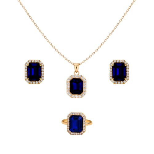 Anuradha Art Jewellery Delicate golden finish and square blue stone stud chain pendant, earring, finger ring set for women and girls. (blue)
