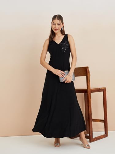 Latin Quarters Women's Black V-Neck Sleeveless Solid Party Fit & Flare Dress_S