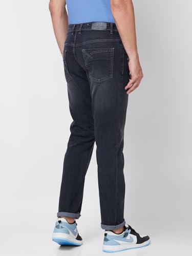 Giordano Mens Mid Rise Stretchable Solid Button Closure Mildly Distressed Cotton 5 Pockets Straight Fit Jeans Mid Black