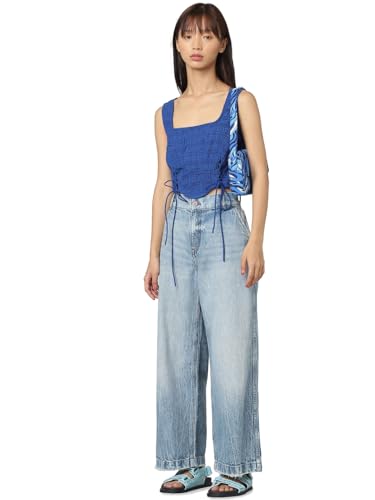 ONLY Women Self-Design Polyester Blend Blue Crop Top