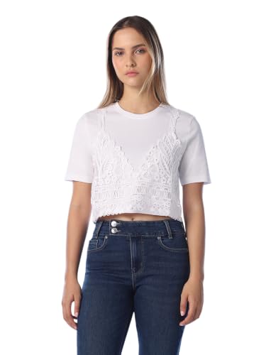 ONLY Women's Self Design Regular Fit White T-Shirt