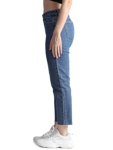 ONLY Women Solid Cotton Straight Fit Mid Rise Blue Jeans