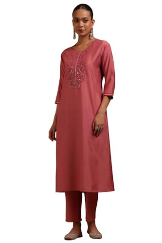 Soch Womens Onion Pink Muslin Floral Embroidered Kurta Set With Faux Mirror