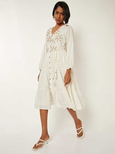 Max Women Embroidered Tiered A-line Dress (Off White_XL)