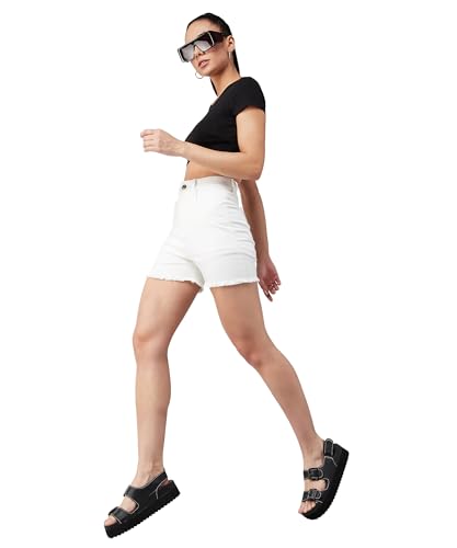 Dolce Crudo Women's Regular High Rise Regular Stretchable Denim Shorts (DOSS24DEN79-17-363-36, Snow White, 36)