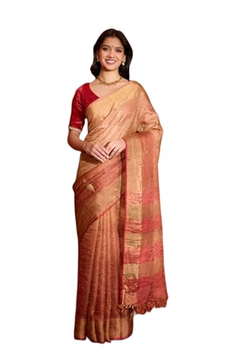 Taneira Women Dark Orange Pure Silk Tissue Embroidered Saree with Unstitched Blouse Piece (SHH08H00120-Dark Orange)