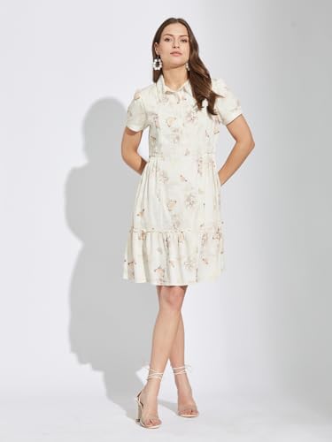 Latin Quarters Women White Collar Neck Half Sleeves Printed Above Knee Shirt Dress for Casual Wear_M