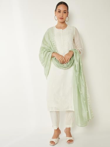 Max Women Embroidered Straight Kurta Set(Off White_L)