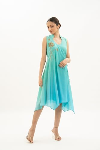 MIORAH Luxurious Pure Muslin Modal Wrap Dress featuring exquisite metal sequence with resham and zari hand embroidery (Colour - Rama Green, Size - M)