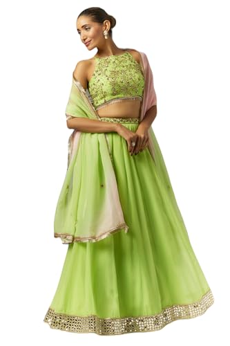 essaySumedha Agrawal Organza and Santoon Organza Lehenga Set for Women (Size: M, Green)