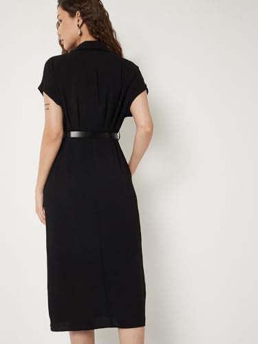 Max Women Solid Shirt Dress with Belt (Black_L)