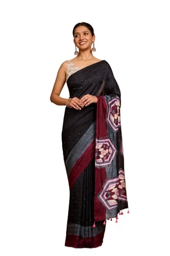 Taneira Women Black Murshidabad Pure Silk Hand Painted Mukesh Saree with Unstitched Blouse Piece (SAIH01AC1396-Black)