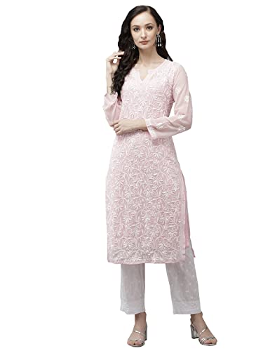 Ada Lucknowi Chikankari Hand Embroidered Ethnic Wear Women's Pink Georgette Kurta Palazzo Set with Slip A811217 (M)