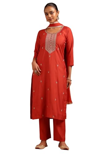 Soch Womens Rust Roman Silk Floral Salwar Suit With Stone Work