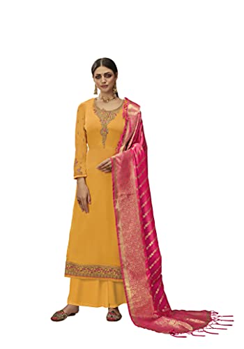 VUBA Women's Satin Embroidered Suit Semi Stitched Top with Unstitched Bottom and Pure Banarasi Dupatta Dress Material(Pakistani Salwar Suit),Yellow, Knee-Length, Casual Dress