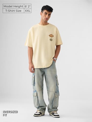 The Souled Store Tom & Jerry: Trekking Club Men and Boys Short Sleeves Round Neck Beige Graphic Printed Cotton Oversized T-Shirts