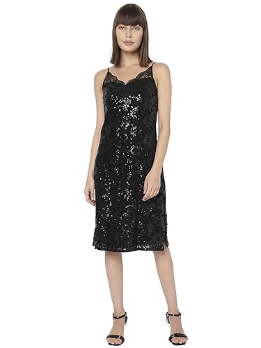 VERO MODA Women Sequence Polyester Knee Length Black Shift Dress