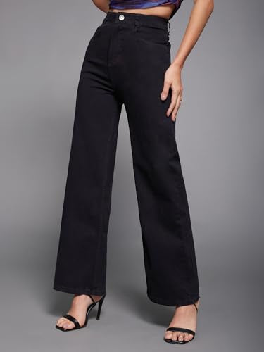 Miss Chase Women's Wide Leg High Rise Clean Look Regular-Length Stretchable Denim Jeans (MCSS24DEN79-02-593-26, Noir Black, 26)