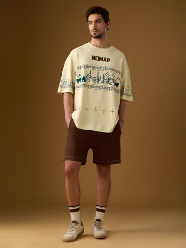 The Souled Store Nomad: Life Men and Boys Short Sleeves Round Neck Beige Embroidered Casual Drop Shoulder Streetwear Trendy Super Oversized T-Shirt