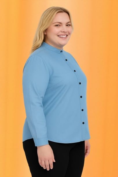 Wingzss Plus Size Light Blue Button-Down Crop Top, Women's Casual Short Sleeve Blouse, Office Wear (in, Alpha, 3XL)