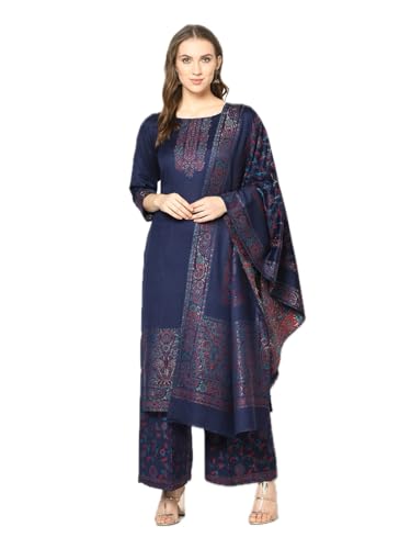 AFSA Women's Acro Wool Woven Unstitched Suit and Dupatta(9017-JAMDANI-NAVY)