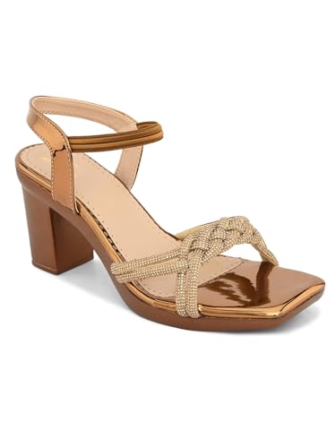 XE Looks Women's Copper Block Heel Sandals | Braided Strap Design with Glossy Finish | Elegant & Trendy Sandals With Ankle Strap | Comfortable & Stylish Block Heels For Girls & Women