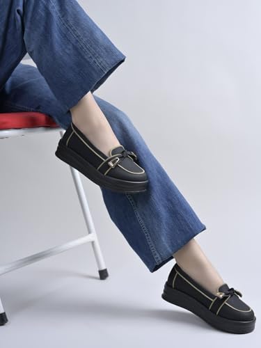 Shoetopia Women’s Black Platform Loafers || Stylish Slip-On Casual Shoes with Metal Detail || Comfortable Everyday Footwear EU39