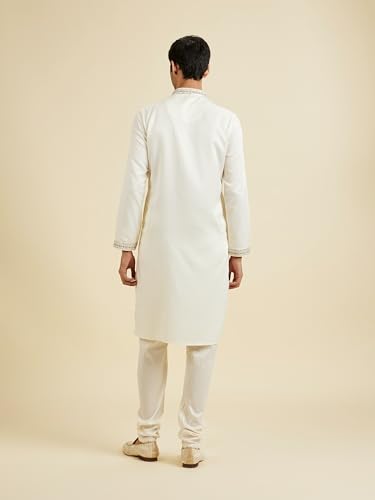 Manyavar Men's Art Silk Neckline Embroidered Kurta Churidar Set(Cream,XXXL)